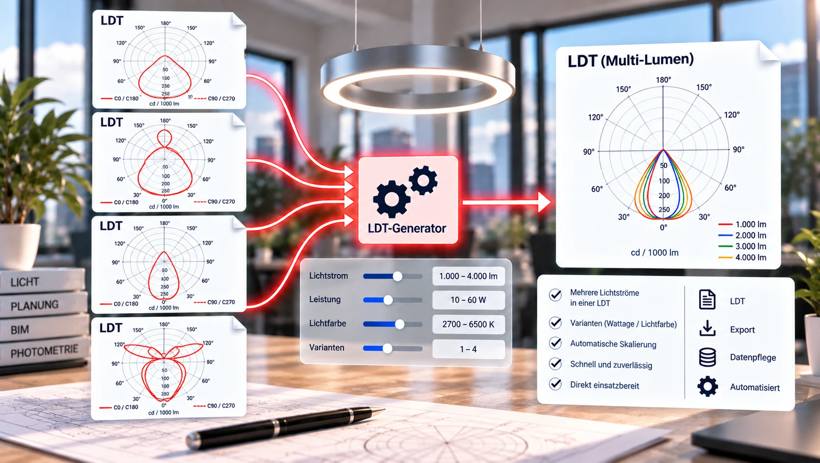 Schema: LDT-Dateien werden zu einer 3D-Ringleuchte im GLDF-Format