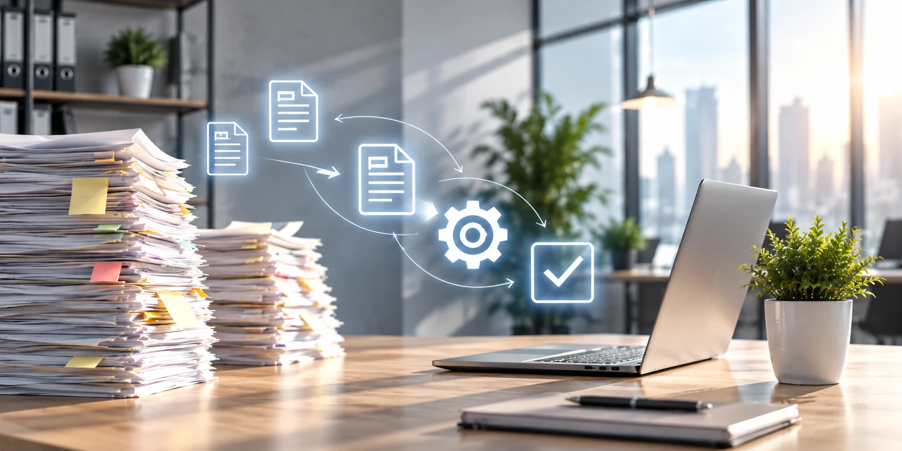 Schema: Dokumentenstapel wird über einen automatisierten Prozess zu einem geprüften Ergebnis